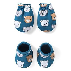 Babyhug 100% Cotton Bear Printed Mittens & Booties  - Navy Blue