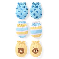 Babyhug 100% Cotton Mittens Multicolor Pack of 3 - Blue & Yellow