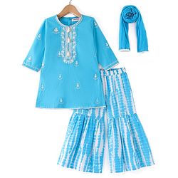 Babyhug Full Sleeves Cotton Woven Embroidered Kurta Gharara Set with Dupatta Tie & Dye Print - Blue & White