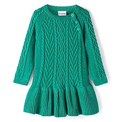 Babyhug Knit Full Raglan Sleeves Cable Knit Woolen Dress - Green