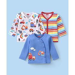 Babyhug 100 % Cotton Knit Full Sleeves  Front Open Vests With Stripes & Vehicle Print Pack Of 3 - Multicolor