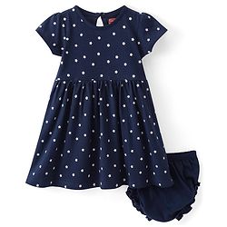 Babyhug Single Jersey Half Sleeves Frock with Bloomer Stars Print - Navy Blue