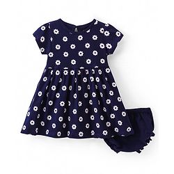 Babyhug Single Jersey Half Sleeves Frock with Floral Print - Navy Blue