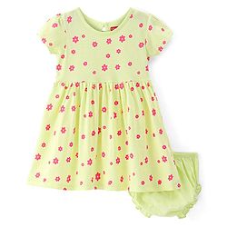 Babyhug Single Jersey Knit Half Sleeves Floral Printed Frock with Bloomer - Yellow