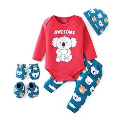 Babyhug 100% Cotton Onesies with Leggings and Cap Mittens Booties With Animals Print - Blue & Red
