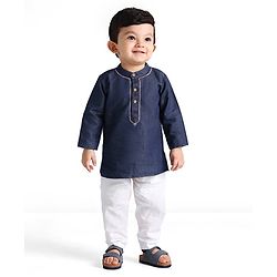 Babyhug Cotton Woven Cambric Full Sleeves Solid Denim Kurta Pyjama Set With Embroidery Detailing - Blue
