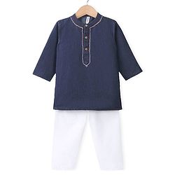 Babyhug Cotton Woven Cambric Full Sleeves Solid Denim Kurta Pyjama Set With Embroidery Detailing - Blue