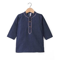 Babyhug Cotton Woven Cambric Full Sleeves Solid Denim Kurta Pyjama Set With Embroidery Detailing - Blue