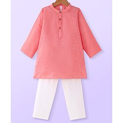 Babyhug Cambric Woven Full Sleeves Embroidered Kurta Pyjama Set - Coral