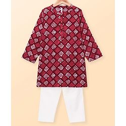 Babyhug Cambric Full Sleeves Printed Kurta Pyjama Set - Maroon