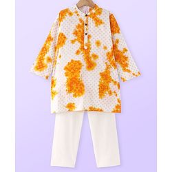 Babyhug Cotton Cambric Woven Foil Printed Full Sleeves Tie & Dye Kurta Pyjama Set - Yellow