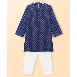 Babyhug Cabric Woven Full Sleeves Floral Printed Kurta & Pyjama Set - Navy Blue