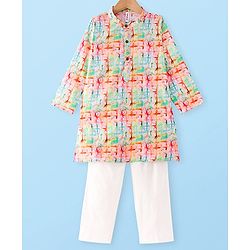 Babyhug Cambric Full Sleeves Printed Kurta Pyjama Set - Multicolor