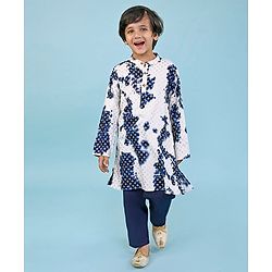 Babyhug Cotton Woven Cambric Full Sleeves Foil Printed Tie and Dye Kurta Pyjama Set - White & Navy