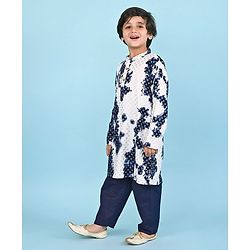 Babyhug Cotton Woven Cambric Full Sleeves Foil Printed Tie and Dye Kurta Pyjama Set - White & Navy