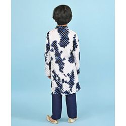 Babyhug Cotton Woven Cambric Full Sleeves Foil Printed Tie and Dye Kurta Pyjama Set - White & Navy