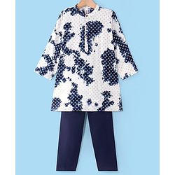 Babyhug Cotton Woven Cambric Full Sleeves Foil Printed Tie and Dye Kurta Pyjama Set - White & Navy
