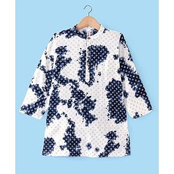 Babyhug Cotton Woven Cambric Full Sleeves Foil Printed Tie and Dye Kurta Pyjama Set - White & Navy