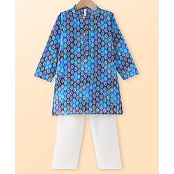 Babyhug Cotton Woven Cambric Floral Printed Full Sleeves Kurta & Pyjama Set - Blue