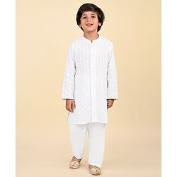 Babyhug Cotton Woven Cambric Embroidered Full Sleeves Kurta & Pyjama Set - White