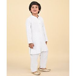 Babyhug Cotton Woven Cambric Embroidered Full Sleeves Kurta & Pyjama Set - White