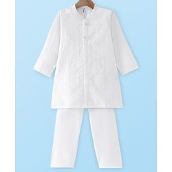 Babyhug Cotton Woven Cambric Embroidered Full Sleeves Kurta & Pyjama Set - White