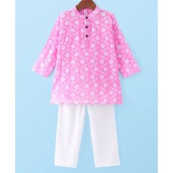 Babyhug Cotton Cambric Woven Full Sleeves Floral Embroidered Kurta Pyjama Set - Pink