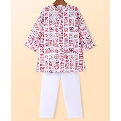 Babyhug Cotton Woven Cambric Full Sleeves Embroidered & Printed Kurta Pyjama Set - Multicolor