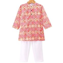 Babyhug Cambric Woven Full Sleeves Floral Embroidered Kurta Pyjama Set - Peach