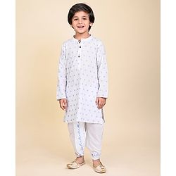 Babyhug Cotton Woven Cambric Floral Embroidered Kurta & Dhoti Set - White