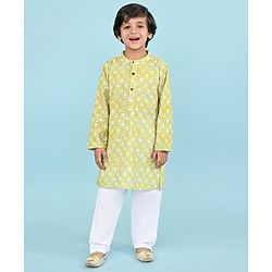 Babyhug Cambric Full Sleeves Embroidered Kurta & Pyjama Set - Green