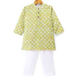 Babyhug Cambric Full Sleeves Embroidered Kurta & Pyjama Set - Green