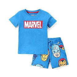 Babyhug Marvel  100% Cotton Knit Half Sleeve Night Suit with Avengers Graphics- Blue