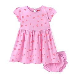 Babyhug Single Jersey Knit Half Sleeves Frock with Floral Print & Bloomer - Pink