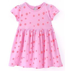 Babyhug Single Jersey Knit Half Sleeves Frock with Floral Print & Bloomer - Pink