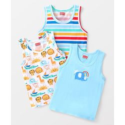 Babyhug 100% Cotton Knit Sleeveless Jungle Safari Printed Sando Pack of 3 - Multicolour