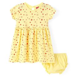 Babyhug Single Jersey Knit Half Sleeves Star Printed Frock with Bloomer - Yellow