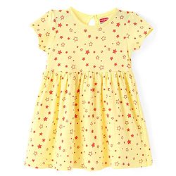 Babyhug Single Jersey Knit Half Sleeves Star Printed Frock with Bloomer - Yellow