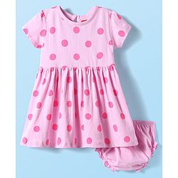 Babyhug Single Jersey Knit Half Sleeves Polka Dots Printed Frock with Bloomer - Pink