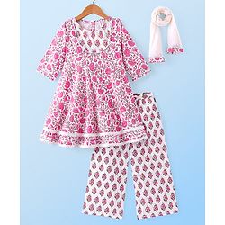 Babyhug Cambric Woven Three Fourth Sleeves Floral Printed  Kurta & Palazzo Set with Dupatta & Lace Detailing - White & Pink