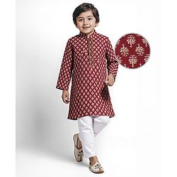 Babyhug Cotton Cambric Full Sleeves Floral Printed Kurta & Pyjama Set - Maroon & White