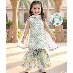 Babyhug Woven Sleeveless Floral Printed Kurta & Gharara Set with Dupatta - White