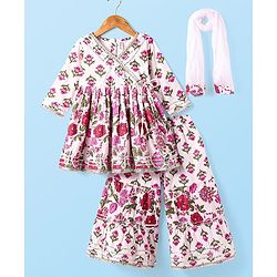 Babyhug Cotton Cambric Woven Three Fourth  Sleeves Floral Printed Kurti Gharara Set with Dupatta & Embroidery Detailing - Off White