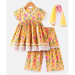Babyhug Cambric Woven Short Sleeves  Kurta Gharara Set with Lace Detailing Floral Print - Yellow
