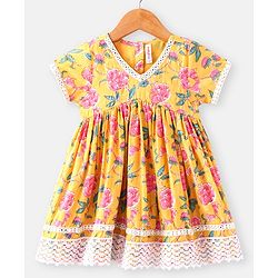 Babyhug Cambric Woven Short Sleeves  Kurta Gharara Set with Lace Detailing Floral Print - Yellow