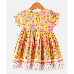 Babyhug Cambric Woven Short Sleeves  Kurta Gharara Set with Lace Detailing Floral Print - Yellow