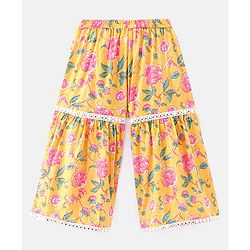 Babyhug Cambric Woven Short Sleeves  Kurta Gharara Set with Lace Detailing Floral Print - Yellow