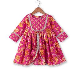 Babyhug Cambric Woven Three Fourth Sleeves Floral Printed Choli & Lehenga Set with Dupatta - Pink