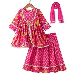 Babyhug Cambric Woven Three Fourth Sleeves Floral Printed Choli & Lehenga Set with Dupatta - Pink