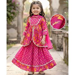 Babyhug Cambric Woven Three Fourth Sleeves Floral Printed Choli & Lehenga Set with Dupatta - Pink